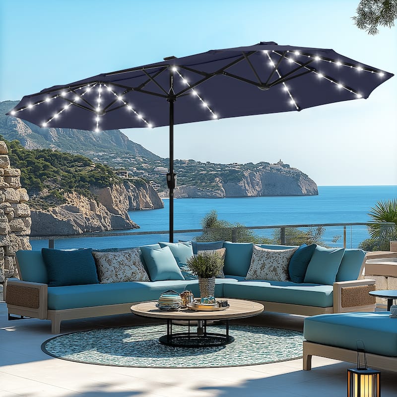 MAISON ARTS Double-Sided 13-foot Twin Outdoor Market Crank Umbrella with Colored LED Lights - Blue-Coloredlights