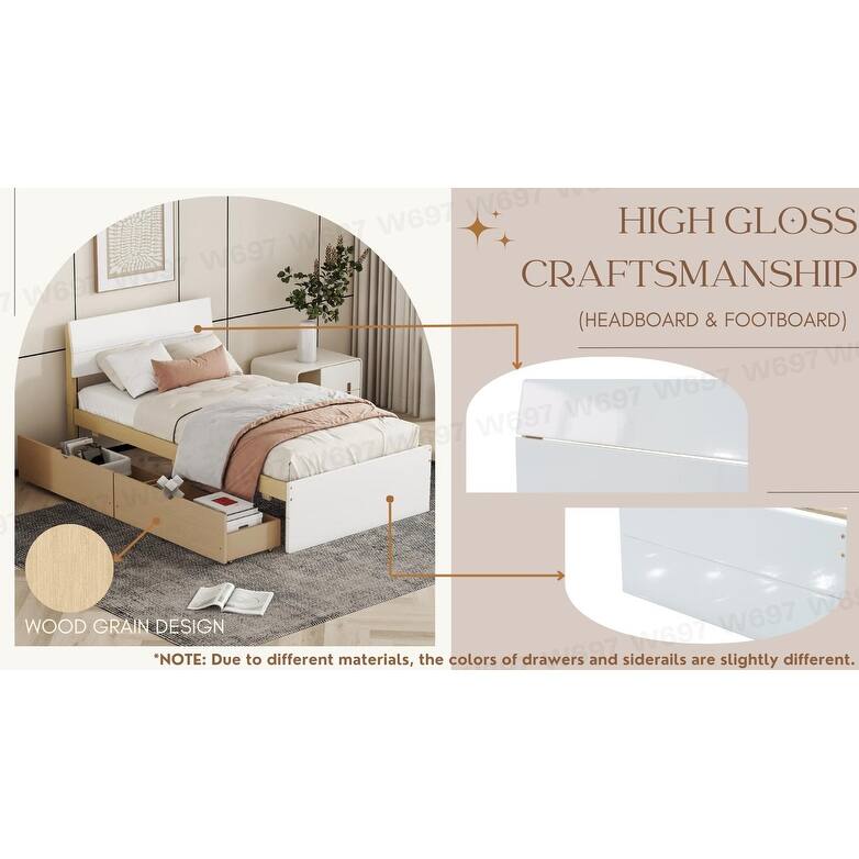 Modern Twin Bed Frame with 2 Drawers, High Gloss Headboard, Light Oak Finish