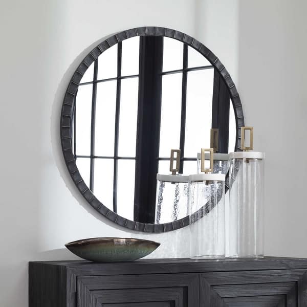 slide 2 of 8, Uttermost Dandridge 34" Round Hand Forged Iron Frame Industrial Style Distressed Matte Black