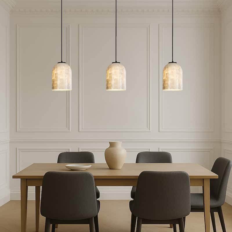 1-Light 7'' Modern Farmhouse Natural Capiz Seashell Single Pendant Light Coastal Cylinder Hanging Light For Kitchen - W7''