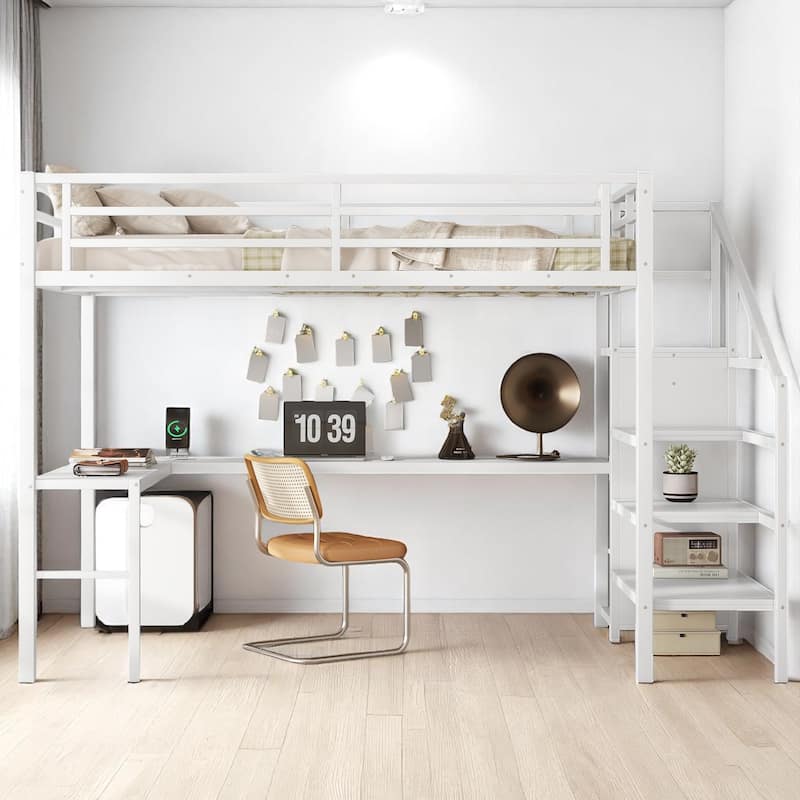 Twin XL/Full Size Loft Bed with Desk, Wardrobe, LED Lights & USB Port, Metal High Bed Frame with Stairs - White - Full
