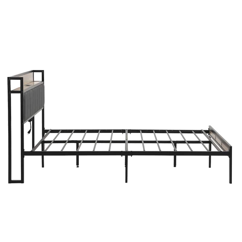 Queen Size Metal Platform Bed Frame with Storage, Headboard, Footboard, USB Port, No Box Spring Needed, Easy Assembly