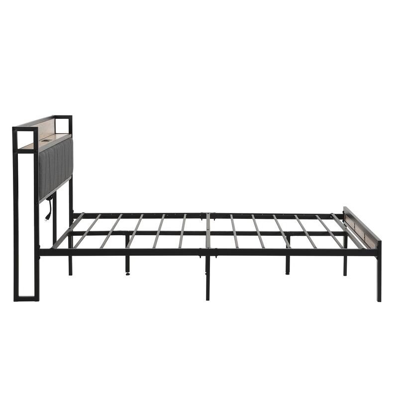 Queen Size Metal Platform Bed with Upholstered Storage Function Headboard & USB