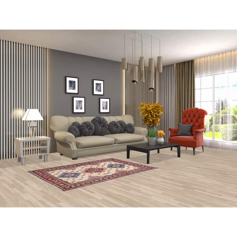 Ivory Geometric Kazak Accent Rug Handmade Wool Carpet - 3'4" x 4'10"