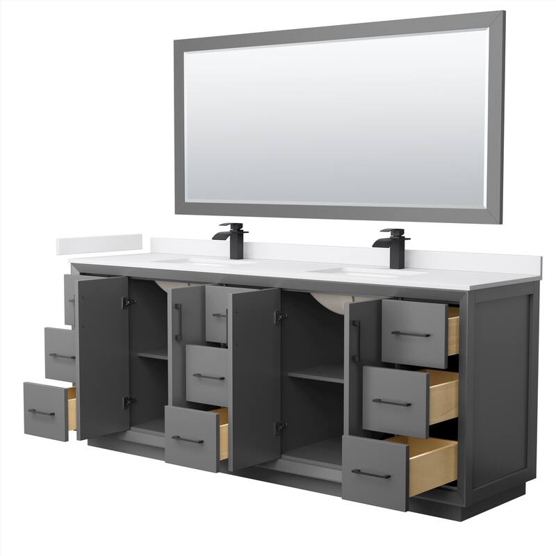 Strada 84-Inch Double Vanity Set, Cultured Marble Top, 70-Inch Mirror