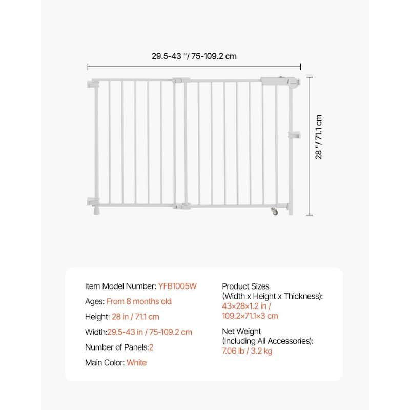 White Adjustable Baby Gate with Double Lock and One-Handed Operation for Stairs and Doorways - 28"H