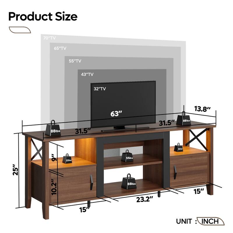 Farmhouse TV Stand for 70 Inch TV with LED Light,63" Tv Console Cabinet with Media Storage