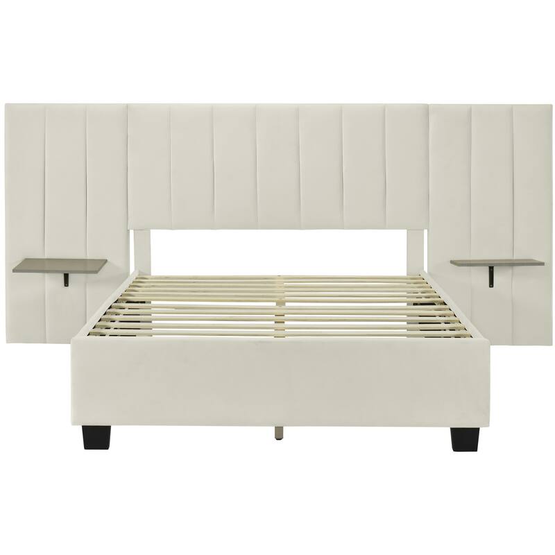 HomeRoots Light Gray Tufted Velvet Upholstered Lighted Full Bed Frame