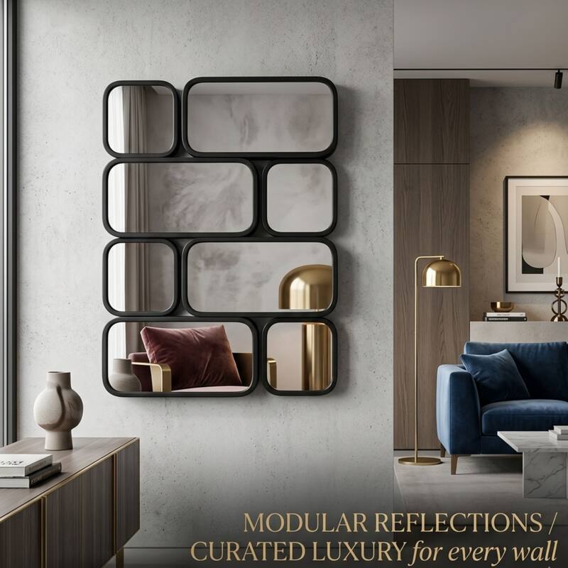 Mosaic Wall Mirror 32"x43" Black Multi Panel Modern Funky Flow Design