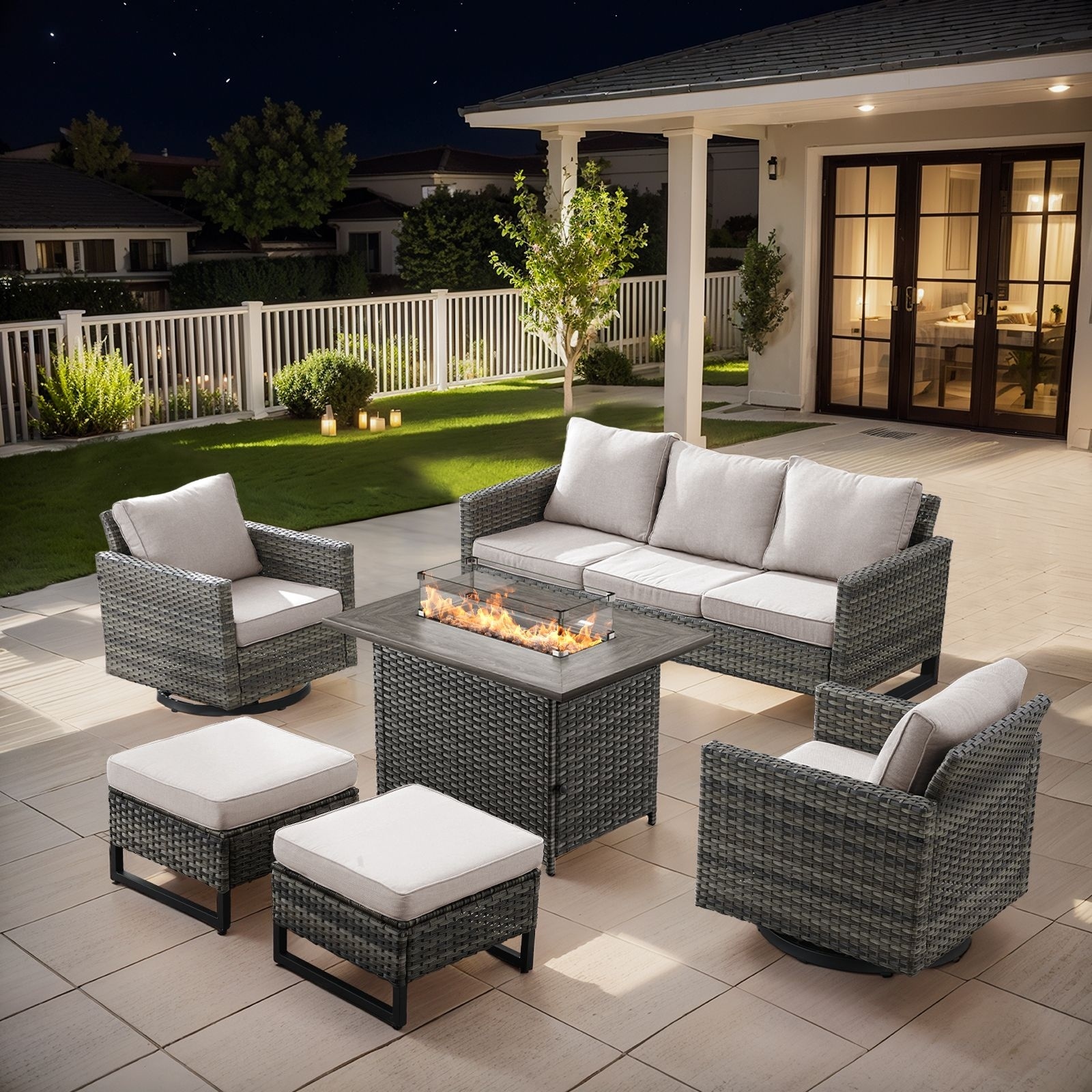 Outdoor Sofa 2 Swivel Chairs Ottomans and Fire Pit Table