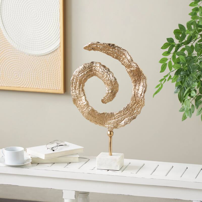Gold Aluminum Metal Textured Spiral Abstract Decorative Sculpture with Marble Base - Gold