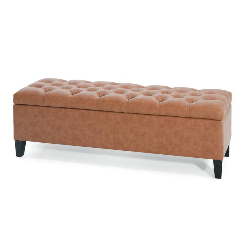 PU Leather Button-Tufted Storage Ottoman with Birch Wood Legs