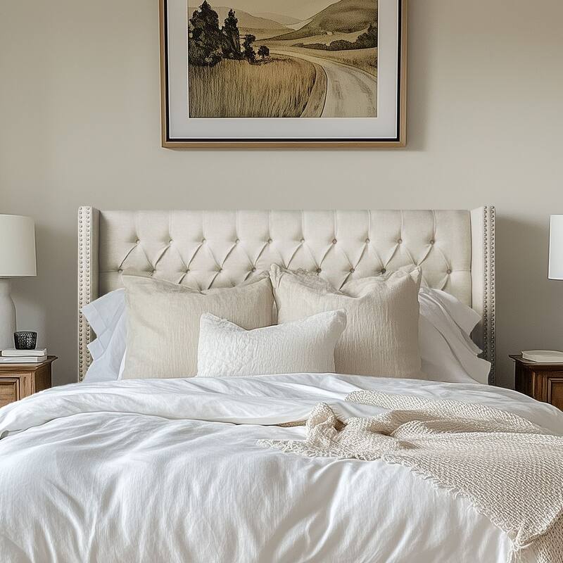 Madison Park Baldwin Upholstered Wingback Headboard with Button Tufting & Nailhead Trim