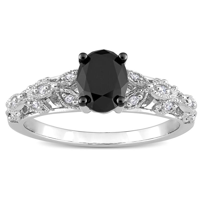 Miadora 1ct TDW Oval-cut Black and White Diamond Vintage Leaf Engagement Ring in 14k White Gold