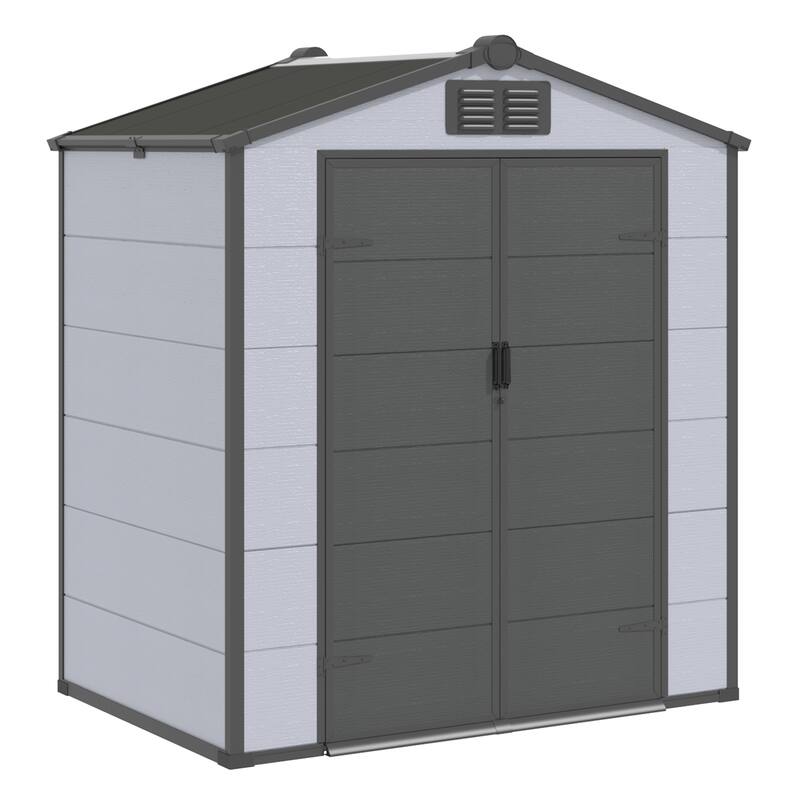 EROMMY Outdoor Storage Shed with Built-In Floor, Lockable Double Doors & Sloped Roof, Gray/Black