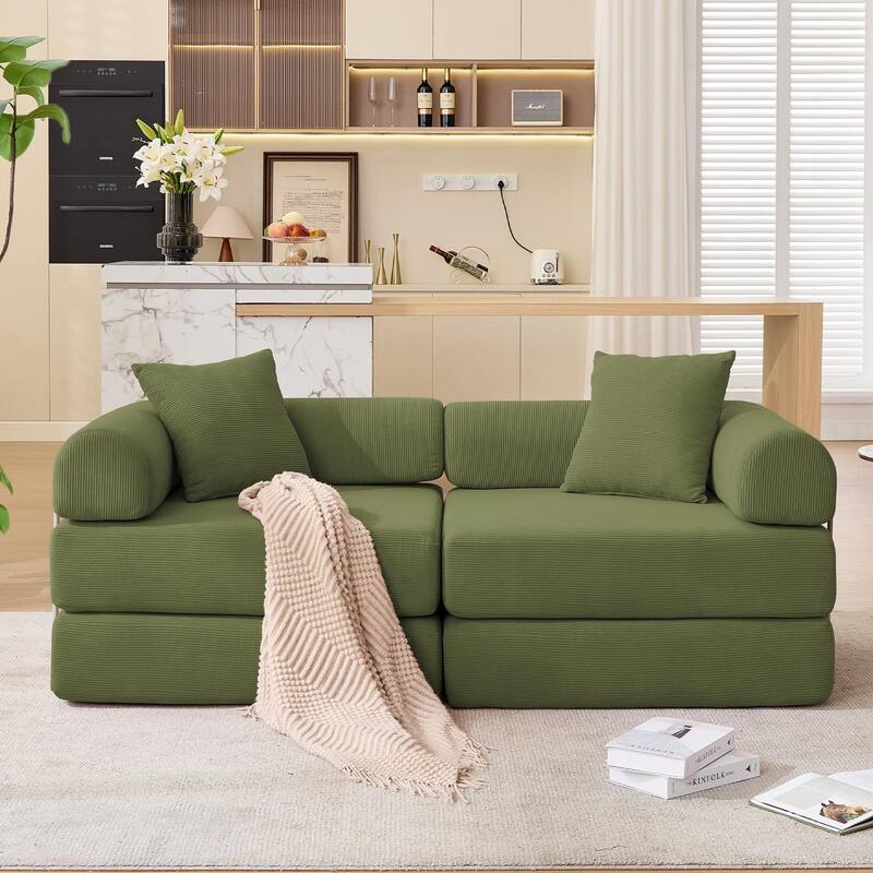 Modular Couch Sofa Bed, Convertible Design with Removable Armrests,Folding Mattress Couch for Small Spaces ,No Assembly - Green
