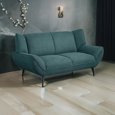 Toer 68 Inch Plush Loveseat, Flared Arms, Teal Blue Fabric, Black Metal