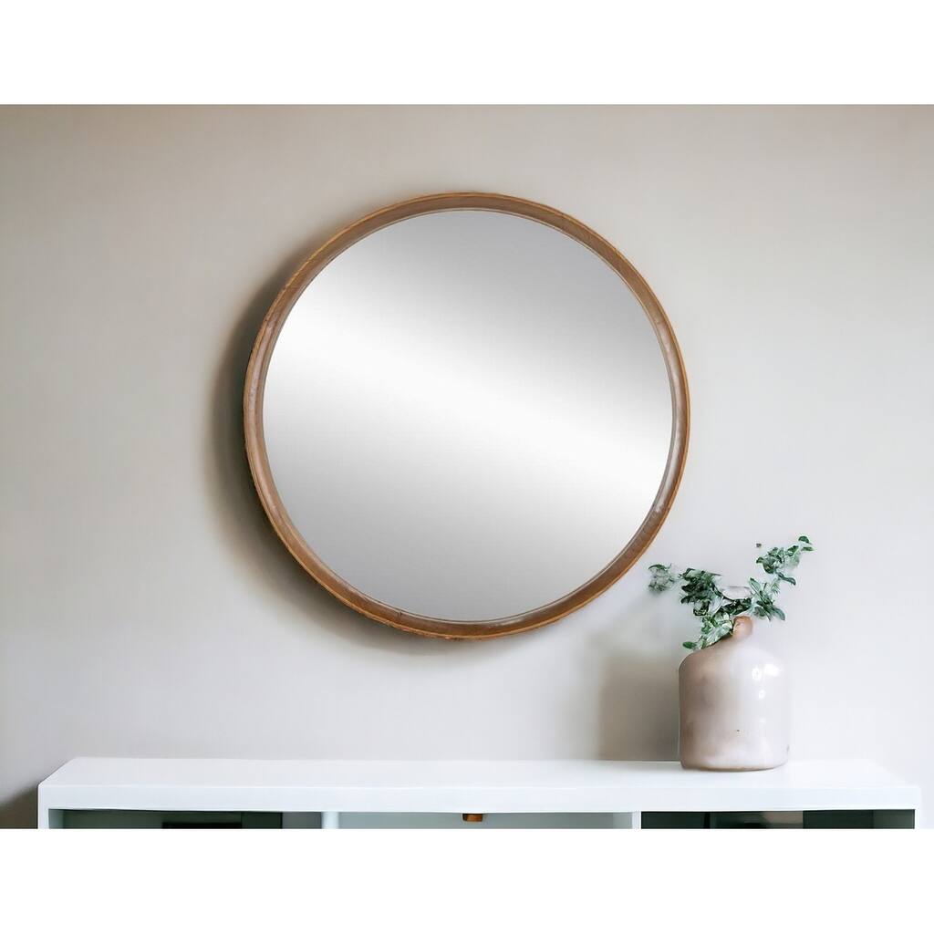 HomeRoots 32" Brown Round Wood Framed Accent Mirror - 31.5' X '31.5' X '3