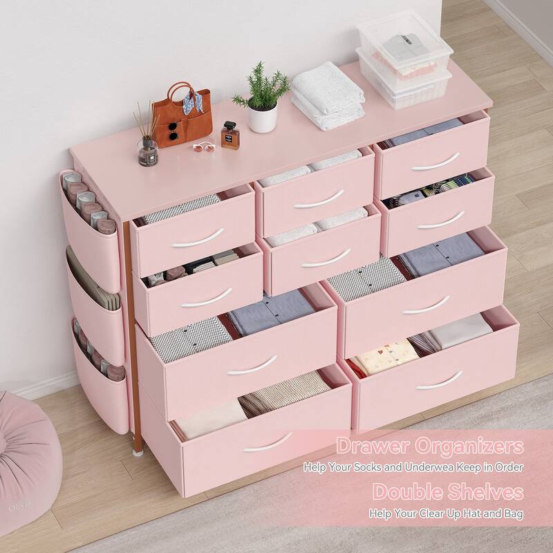 10 Drawer Dresser, Storage Organizer Unit with Fabric, Pink