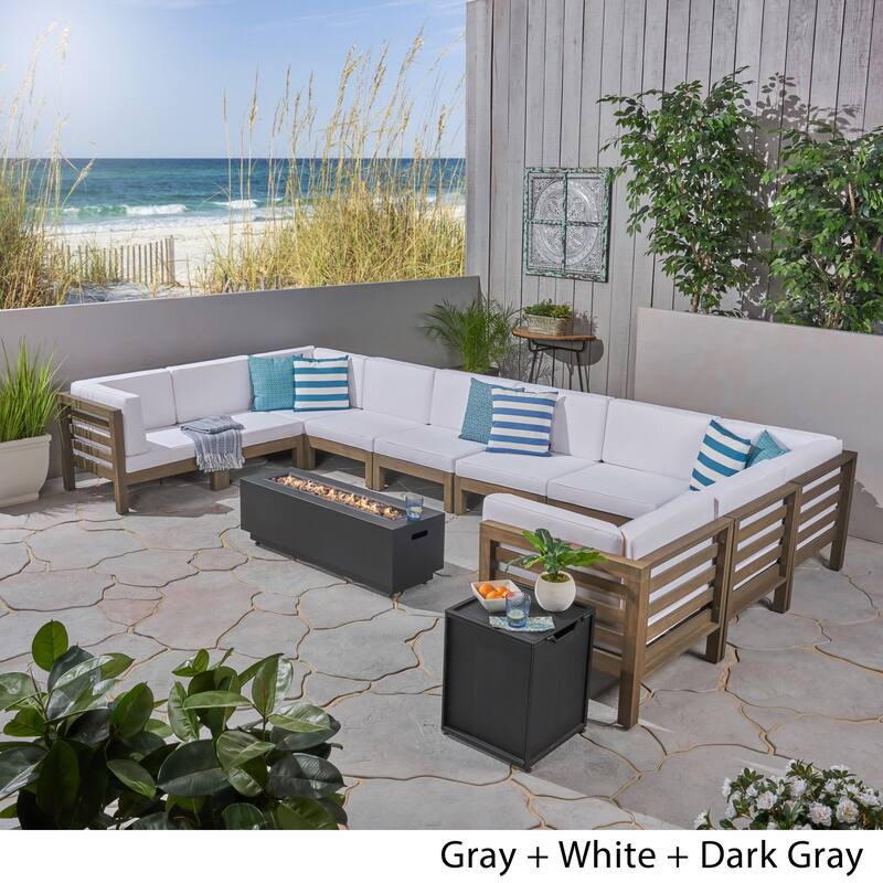 Malawi Outdoor 12-Piece U-Shaped Acacia Wood Sectional Sofa Set with Fire Pit by Christopher Knight Home