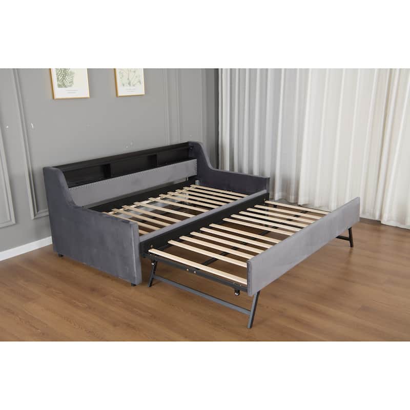 GDFStudio - Modern Velvet Upholstered Corner Daybed with Roll-Out Trundle, Adjustable LED Lighting & Charging Station