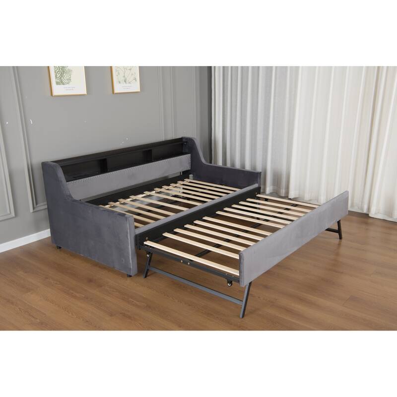 Twin Upholstered Daybed with Trundle, Velvet Day Bed with LED Lights & Charging Station
