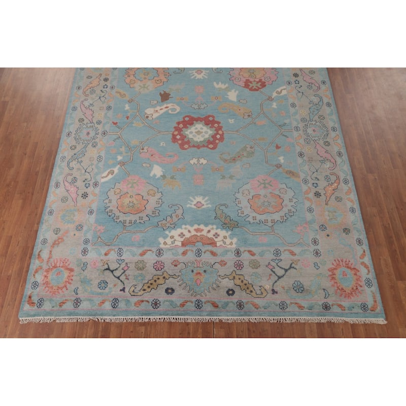 Light Blue Floral Oushak Oriental Area Rug Hand-Knotted Wool Carpet - 8'11" x 11'8"
