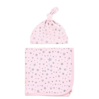 Hudson Baby Infant Girl Swaddle Blanket and Cap or Headband, Silver Pink Star, One Size - Silver Pink Star - One Size