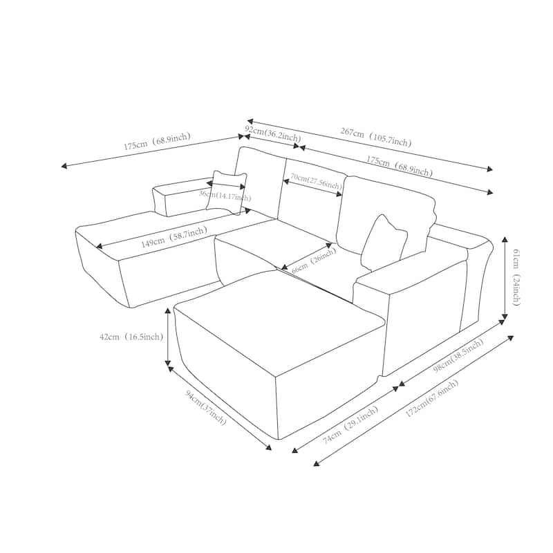 Cloud Modular Sectional Sofa with 1 Ottoman, Modern Minimalist Upholstered Couches, U Shaped Deep Seat Sofa with Chaise
