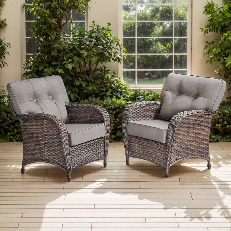 TWrap Brown Wicker Patio Armchairs with 5-Inch Thick Cushions (2-Pack)