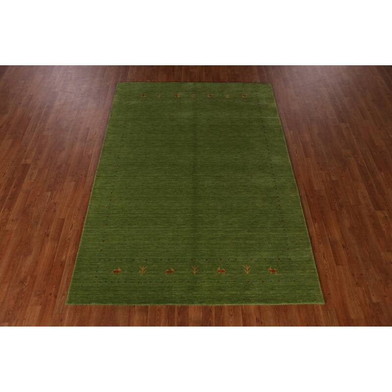 Hand Knotted Oriental 100% Wool Carpet Tribal Animal Pictorial Green Gabbeh Area Rug - 7' 8'' X 5' 4''
