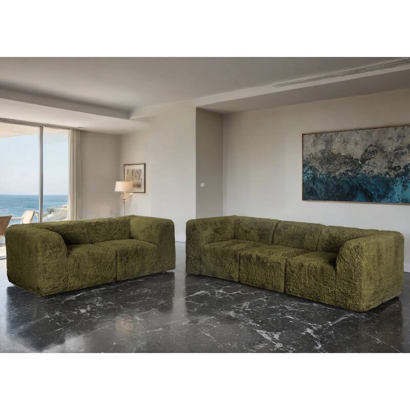 Furniture of America Ylena Modern 5-Piece Faux Fur Foam Modular Compressed Sofa and Loveseat Set - Olive Green