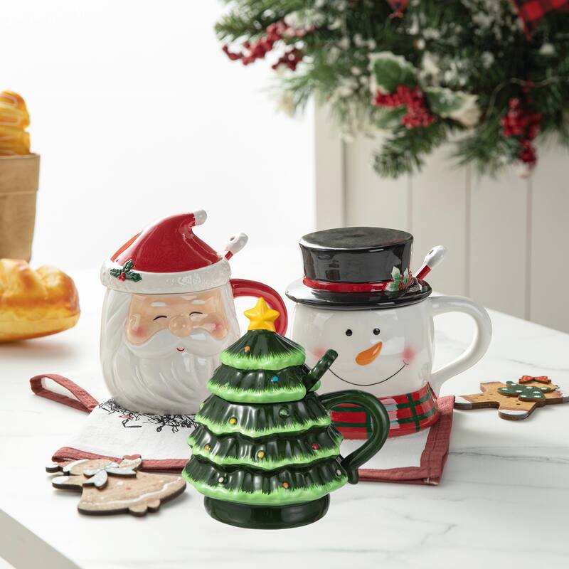 Glitzhome Christmas Dolomite Santa & Snowman or Tree Mug with Lid and Spoon - Santa & Snowman & Tree