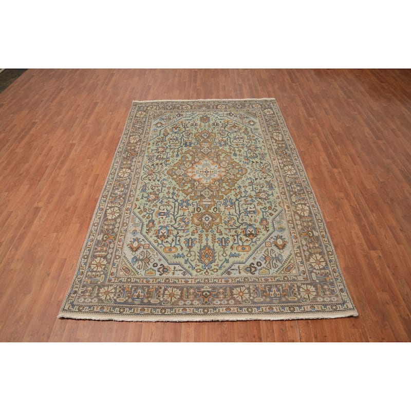 Hand Knotted Oriental 100% Wool Carpet Traditional Medallion Green Tabriz Area Rug - 9' 10'' X 6' 6''