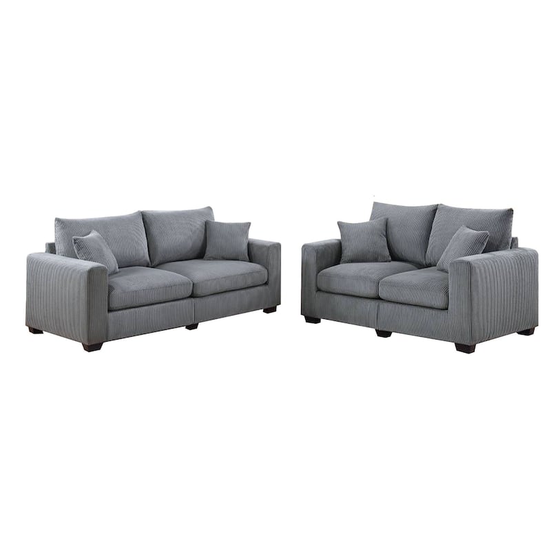 Jesica 2pc Loveseat n Sofa Set, 2 Accent Pillows, Gray Corduroy Fabric