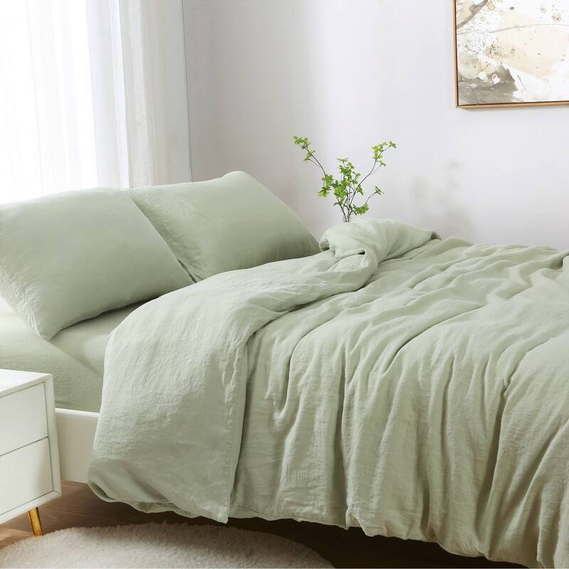 Highland Feather 100% Ultra-Soft French Linen Bedding Set - 1 Duvet Cover, 1 Fitted Sheet & 2 Pillowcases - Sage Green - King