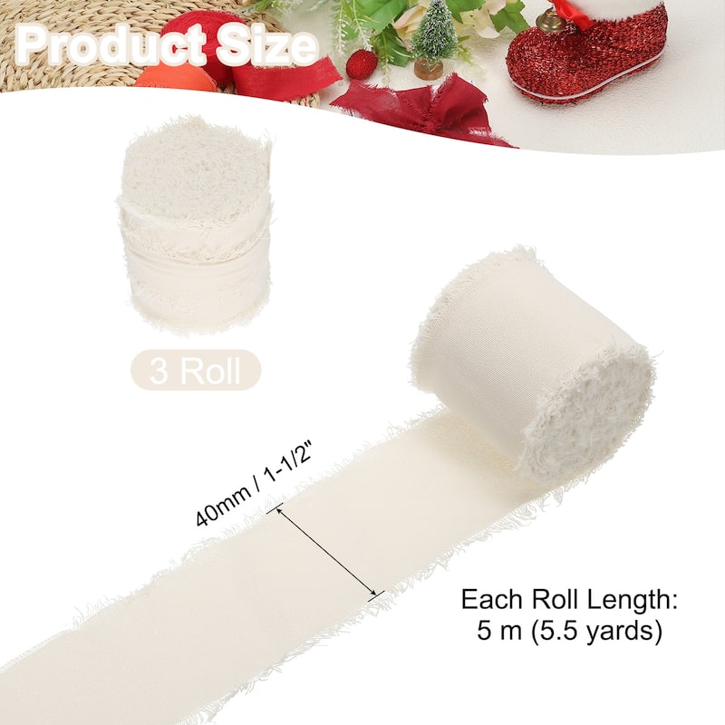 1-1/2"x16Yd Handmade Fringe Cotton Ribbon Frayed Fringe Ribbon 3Roll - 5Yd - Cream