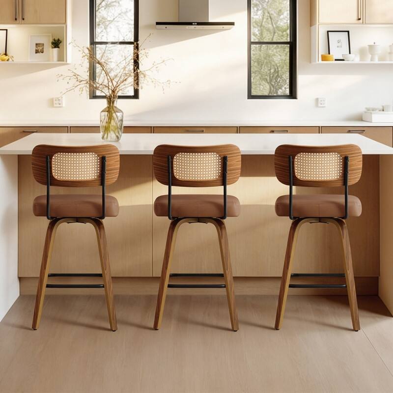 Spruce & Spring 26" Swivel Bar Stool with Bentwood Back or PE Rattan Back - Set of 3 - Brown-Rattan Back