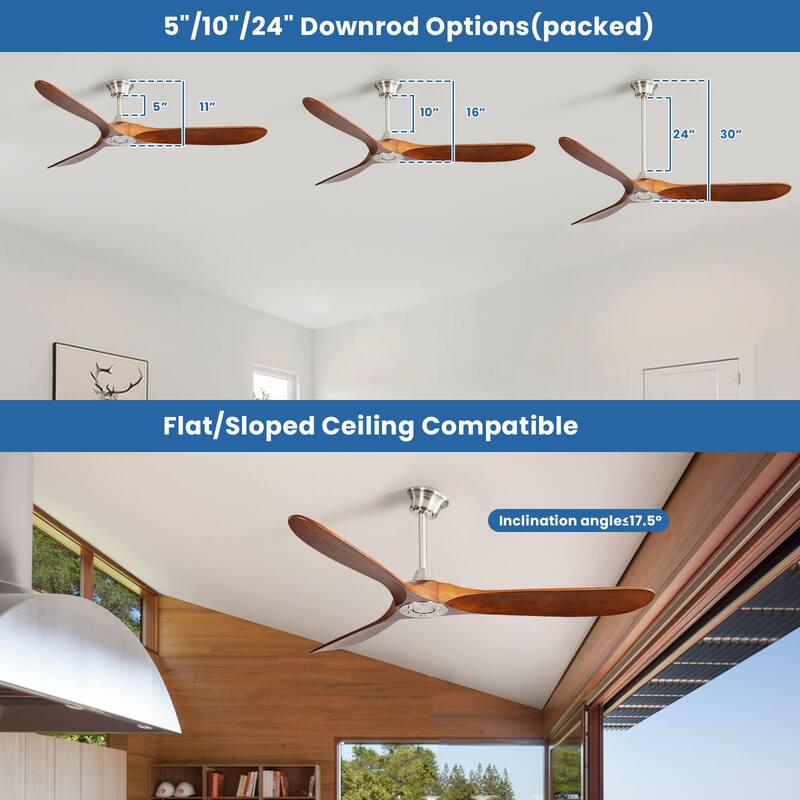 60" Smart Nickel Wood Ceiling Fan without Light, App/Remote Control
