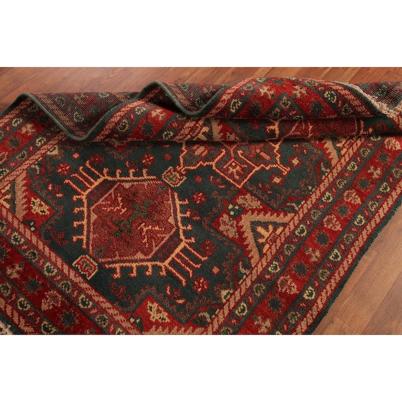 Teal Geometric Kazak Oriental Rug Hand-Knotted Wool Carpet - 4'0"x 6'0"