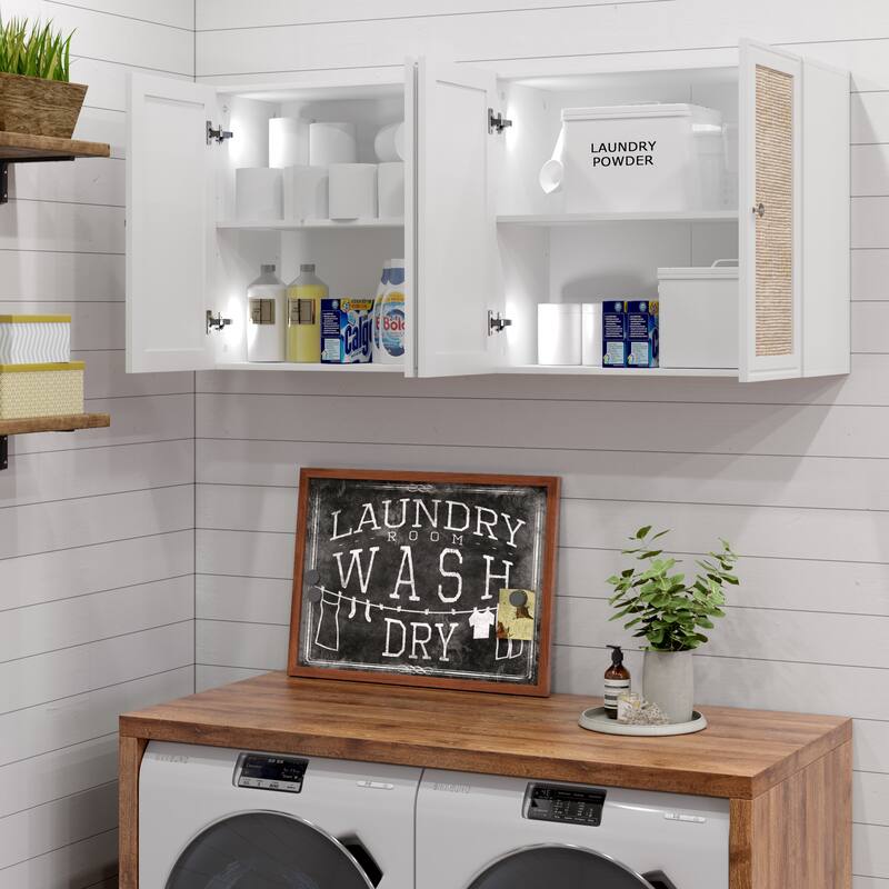 Rattan Wall Cabinets with Adjustable Shelf and LED Light Set of 2