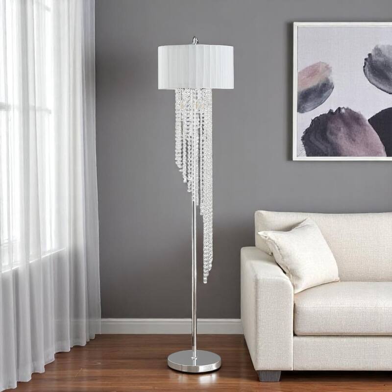 66" Clear And Silver Crystal And Metal Floor Lamp With White Linen Drum Shade - 15.75" x 15.75" x 65.75"