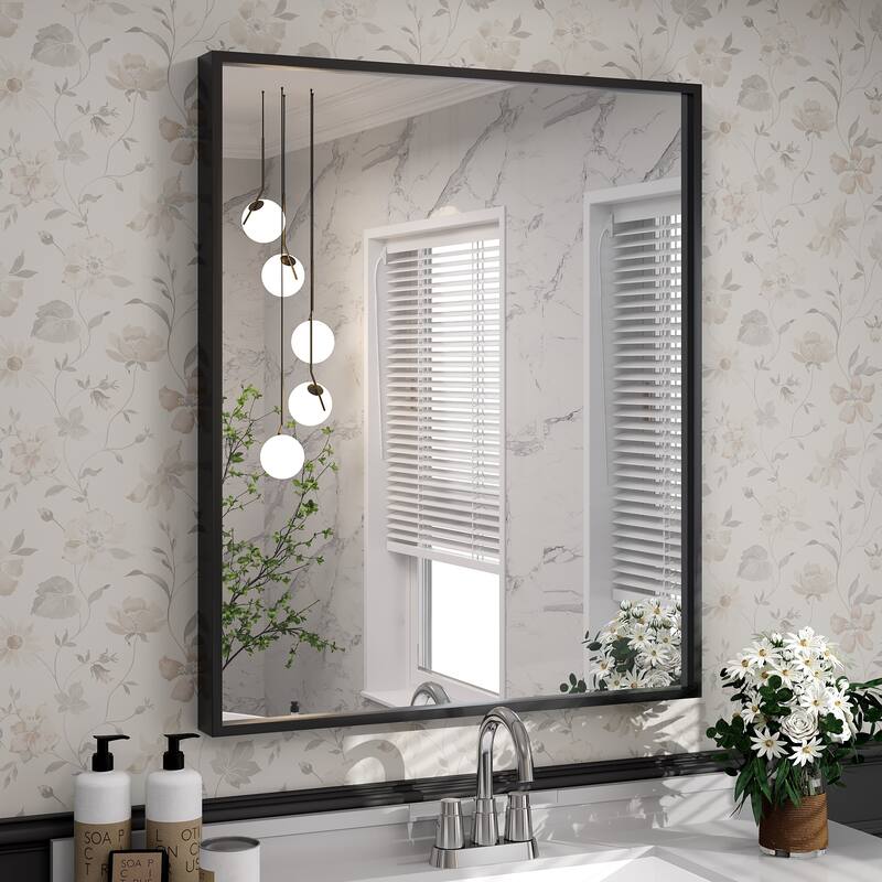 Tempered Glass and Metal Framed French Cleat Mounted Wall Bathroom / Vanity Mirror - 36" x 30" - Black