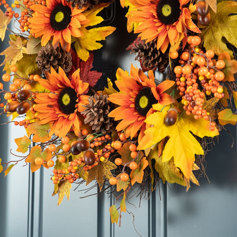 Glitzhome 3ft Fall Sunflower Leaf Potted Tree Thanksgiving Porch Decor
