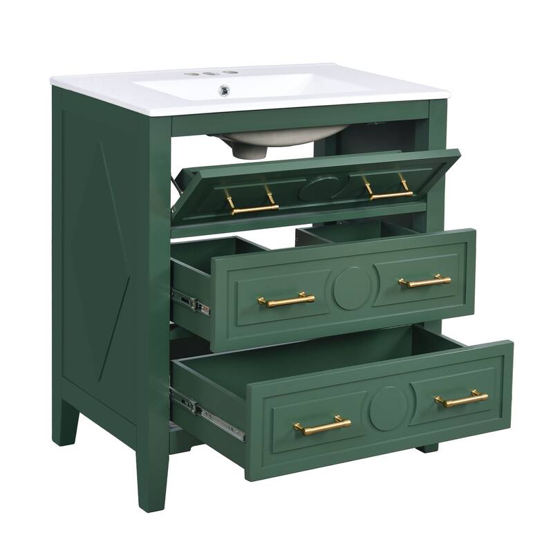 30-Inch Retro Green Bathroom Vanity with Ceramic Sink, Solid Wood Frame, and Soft-Close Drawers