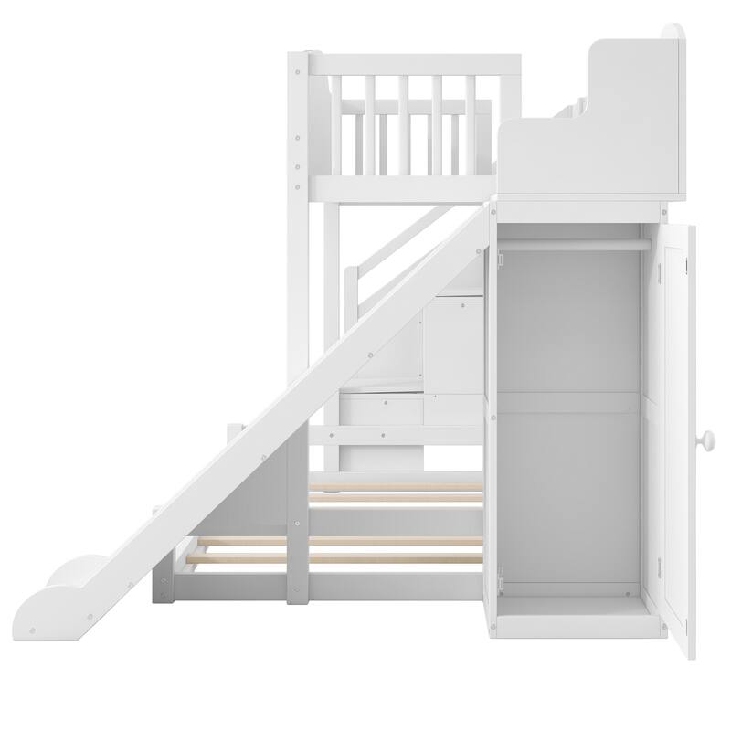 Roomfitters Twin Over Full Bunk Bed with Slide, Wardrobe and Storage Staircase