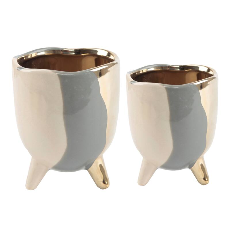 Set of 2 4"&3" Metalic 3-TONE FOOTED CERAMIC Pot - Grey