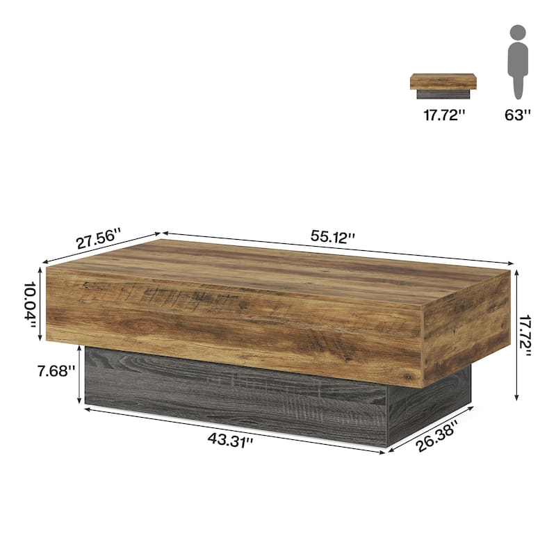 55-Inch Wood Coffee Table, Large Rectangle Tea Table, Center Table for Living Room, Office Reception