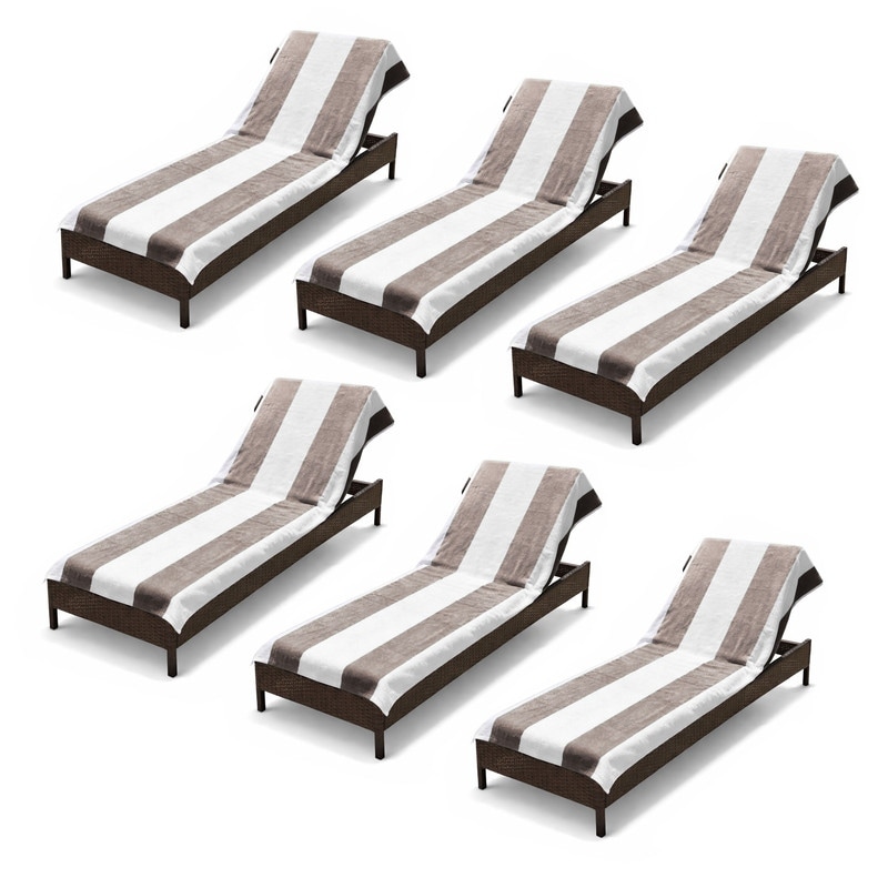 100% Cotton Cabana‑Stripe Lounge Chair Cover Terry Towel with Fitted Pocket & Back Flap Set of 6