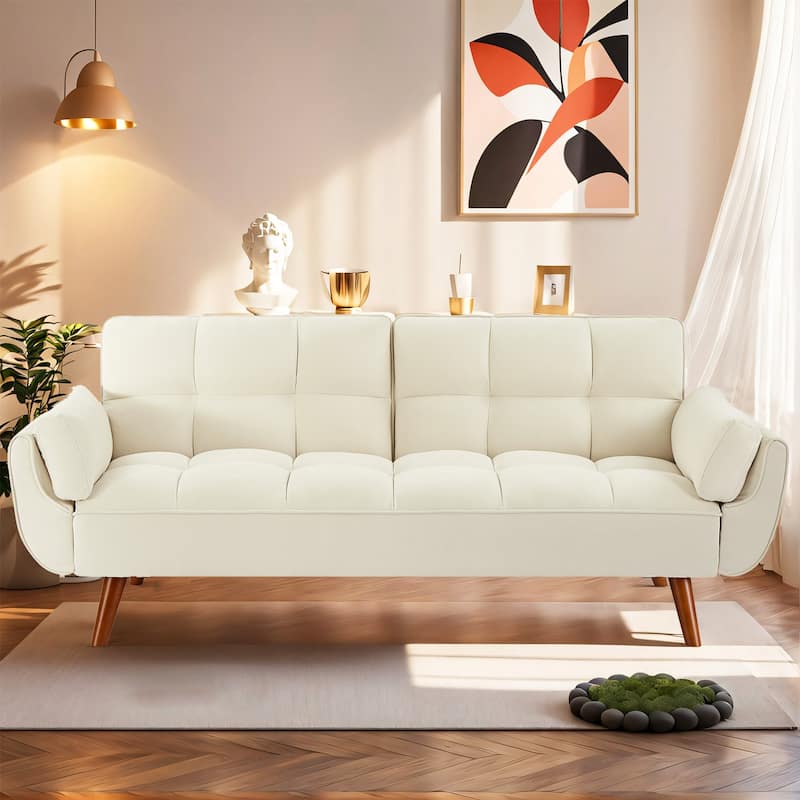 75.39 INCH Futon Sofa Bed, Convertible Folding Futon Couch Recliner Lounge For Living Room With 2 Pillow/Armrest - Beige